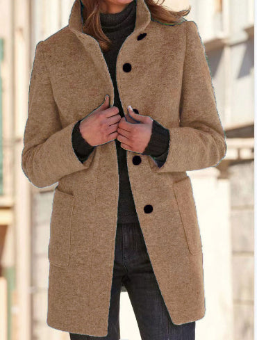 Woman in stand collar button coat
