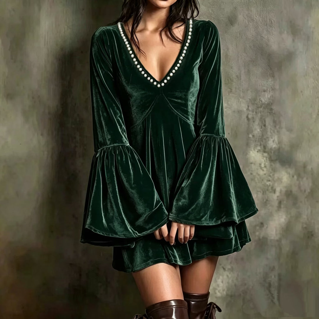 Beaded Velvet Mini Dress for Women, V-Neck Flare Sleeve