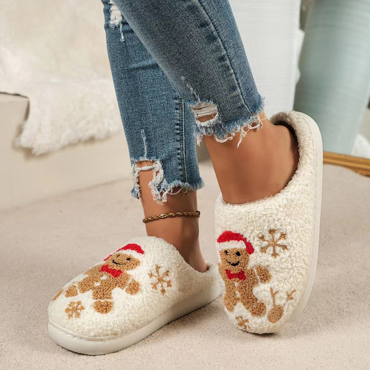 Gingerbread Man Christmas Slippers – Fuzzy, Non-Slip, Snowflakes