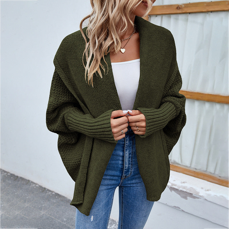 Loose Knit Cardigan for Women, Batwing Sleeve Lapel Sweater