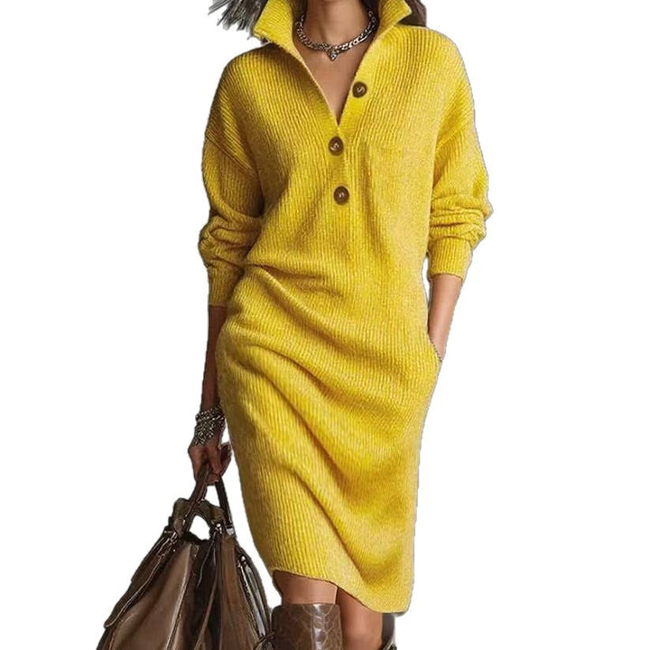 Stand Collar Sweater Dress for Women, V-Neck Button Pullover