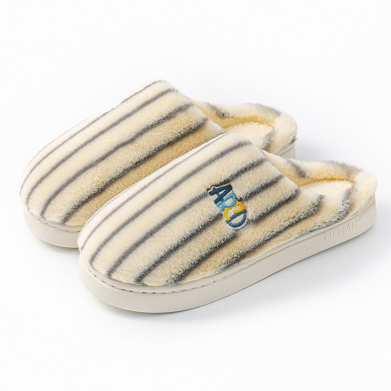 Plush Striped Letter Slippers, Winter Warm Embroidered