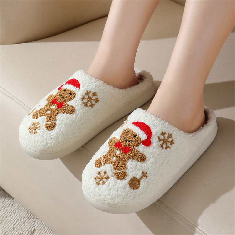 Gingerbread Man Christmas Slippers – Fuzzy, Non-Slip, Snowflakes