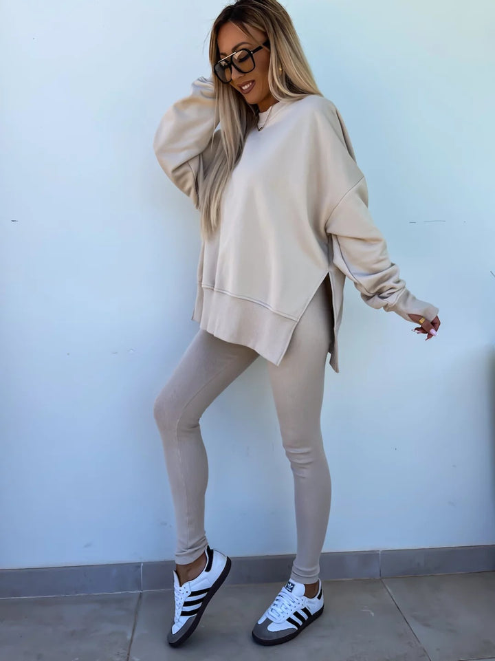 Casual Sweater Suit, Loose Crew Neck Split Top and Tight Pants