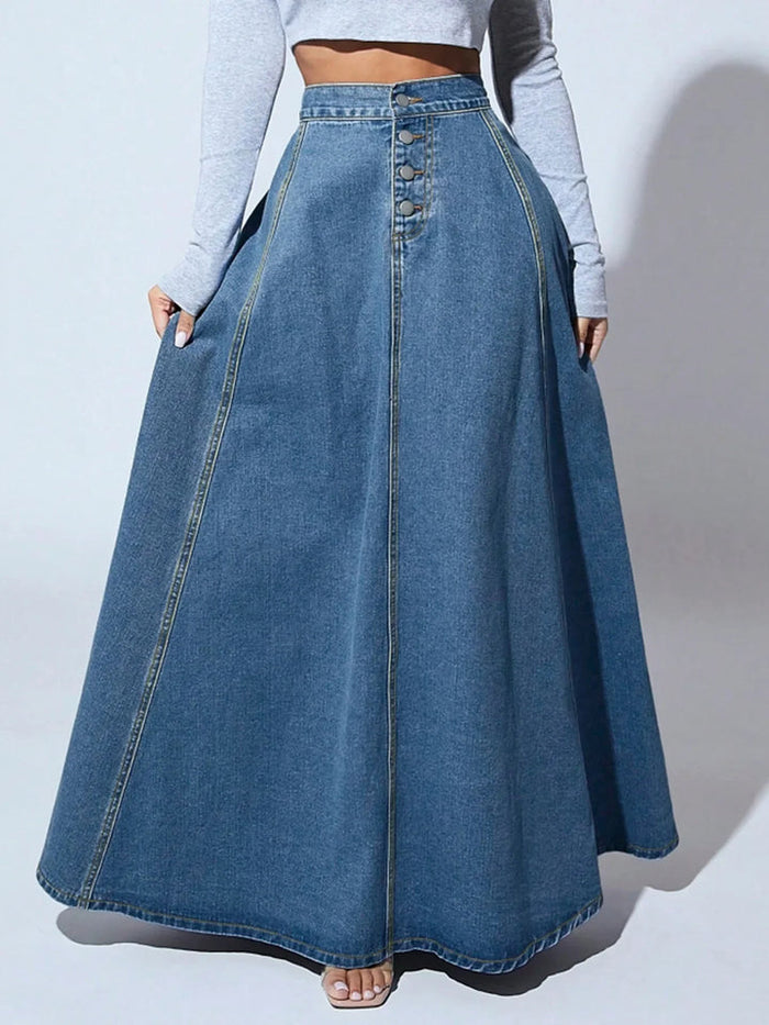 Women's High Waist A-Line Midi Skirt with Button Closure