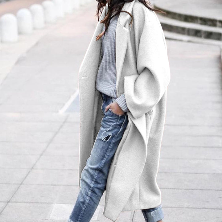 Long Woolen Coat with Pockets, Single-Breasted Lapel Jacket