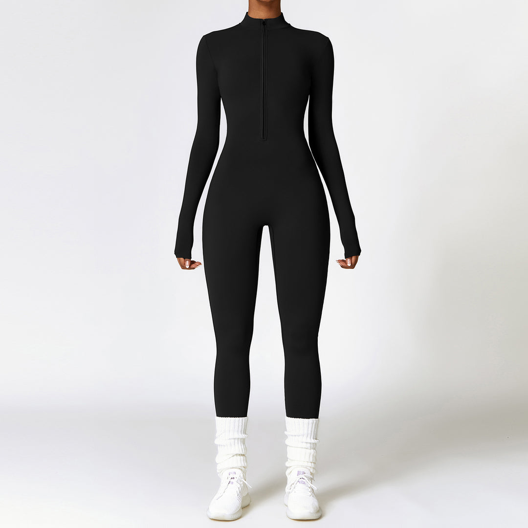 Woman in a zip-front yoga jumpsuit