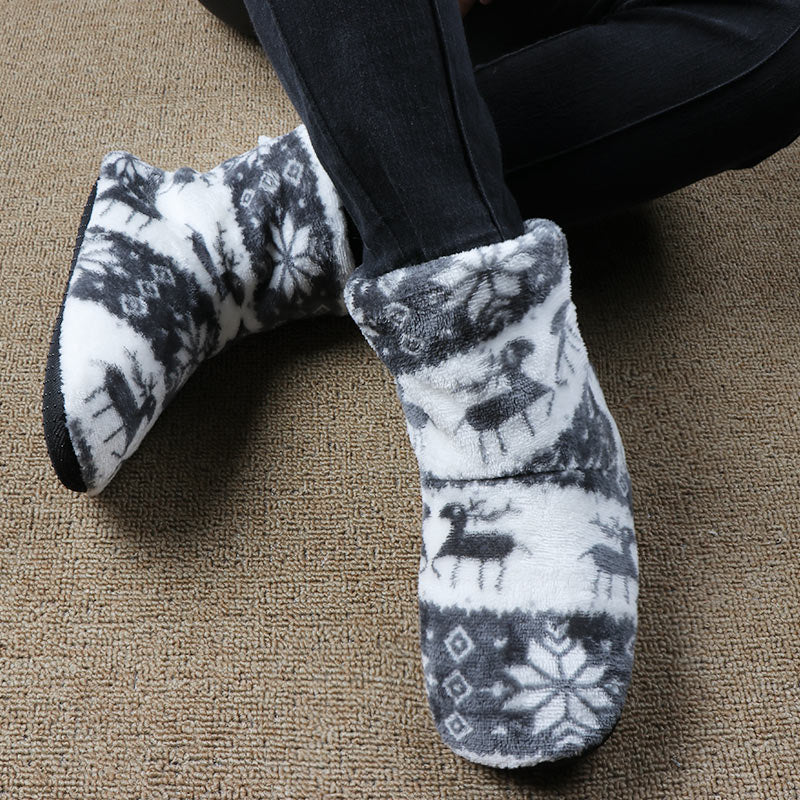 Christmas Elk Floor Sock Slippers in Coral Fleece