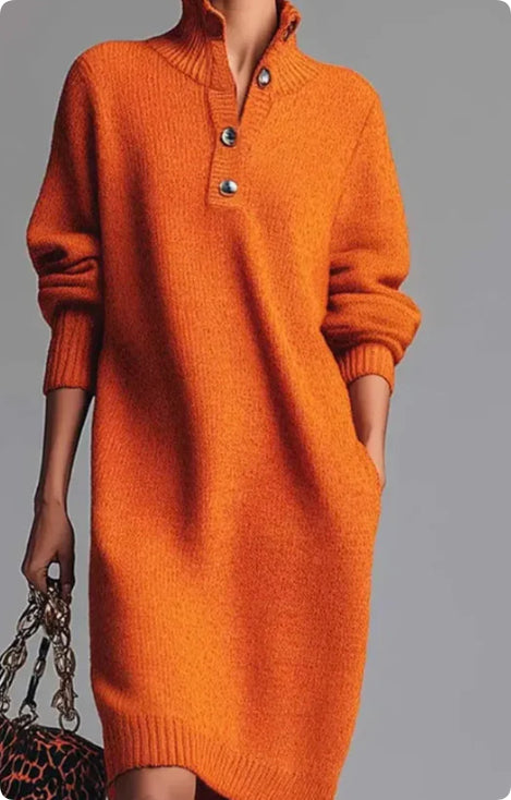 Stand Collar Sweater Dress for Women, V-Neck Button Pullover