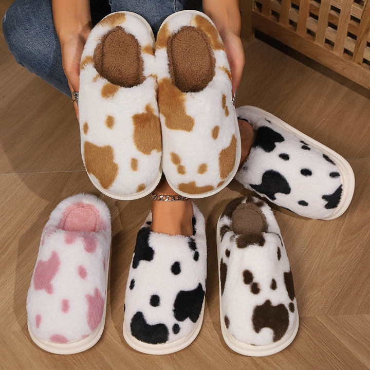 Cow Spotted Plush Slippers, Non-Slip Winter Warm
