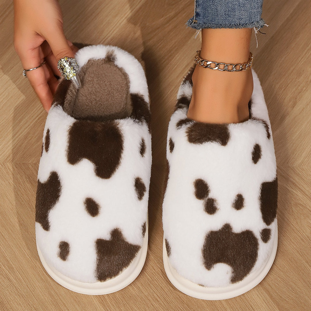 Cow Spotted Plush Slippers, Non-Slip Winter Warm