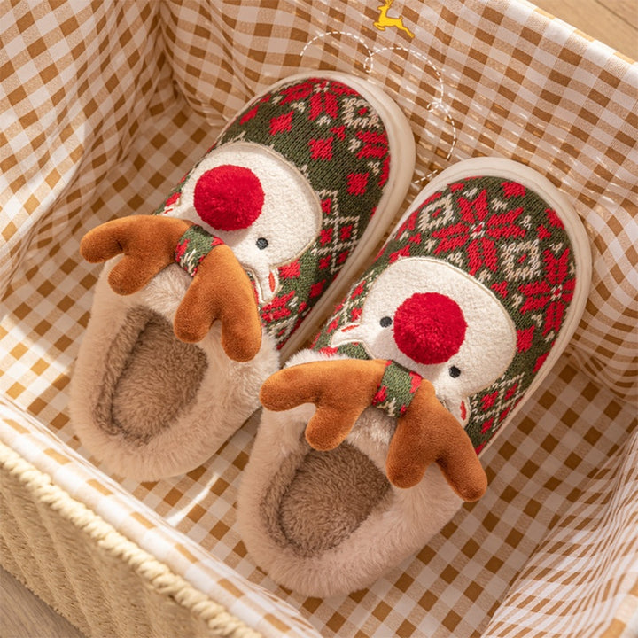 Cute Christmas Reindeer Plush Slippers, Non-Slip and Thick