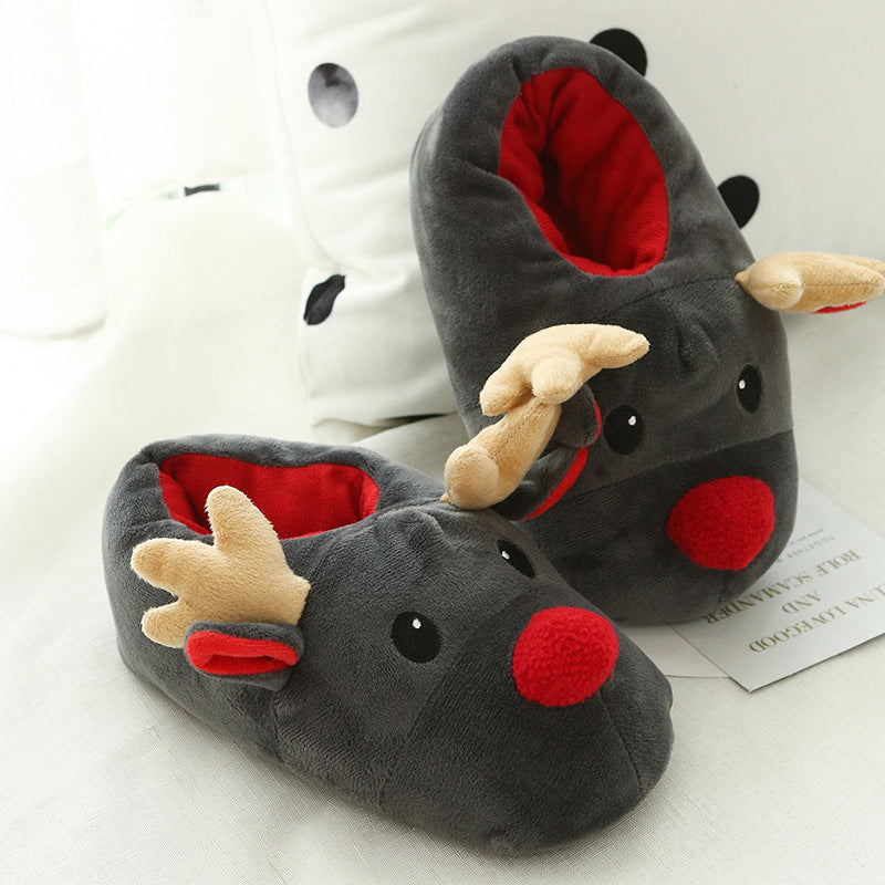 Christmas Elk Fleece House Slippers in Gray