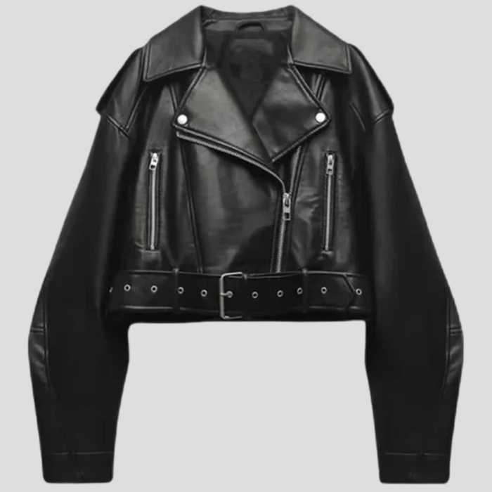 Women's Cropped Belted Biker Jacket with Notch Lapels