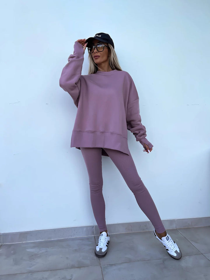 Casual Sweater Suit, Loose Crew Neck Split Top and Tight Pants