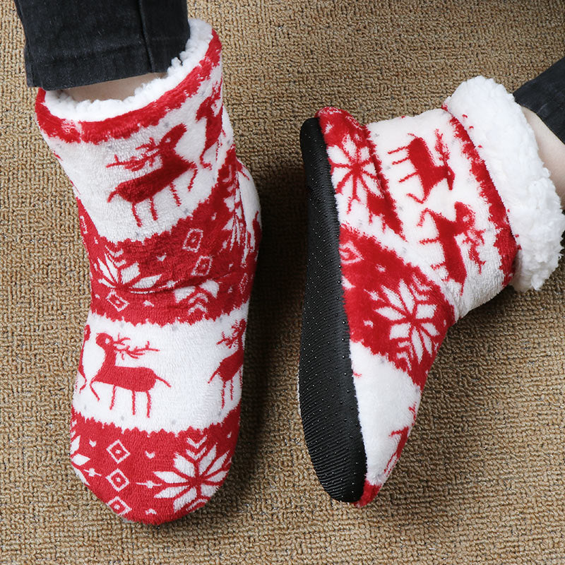 Christmas Elk Floor Sock Slippers in Coral Fleece