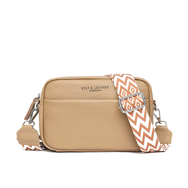 Leather camera crossbody bag with wide strap