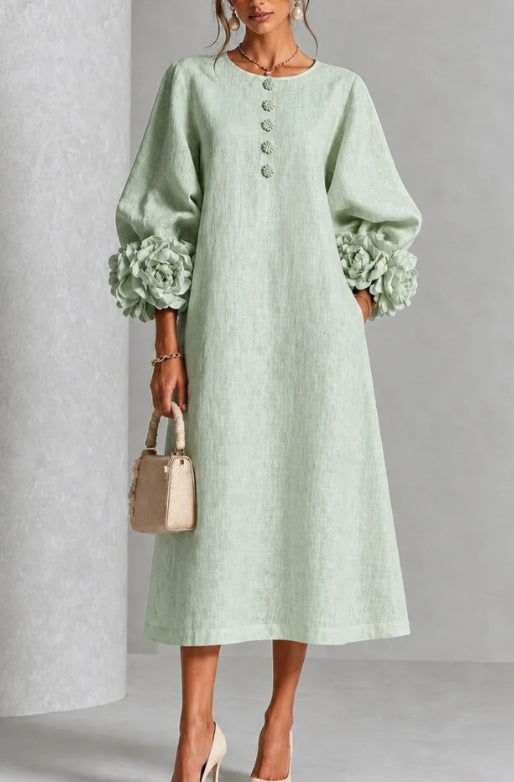 Floral Puff Sleeve A-Line Dress, French Style Party Dress