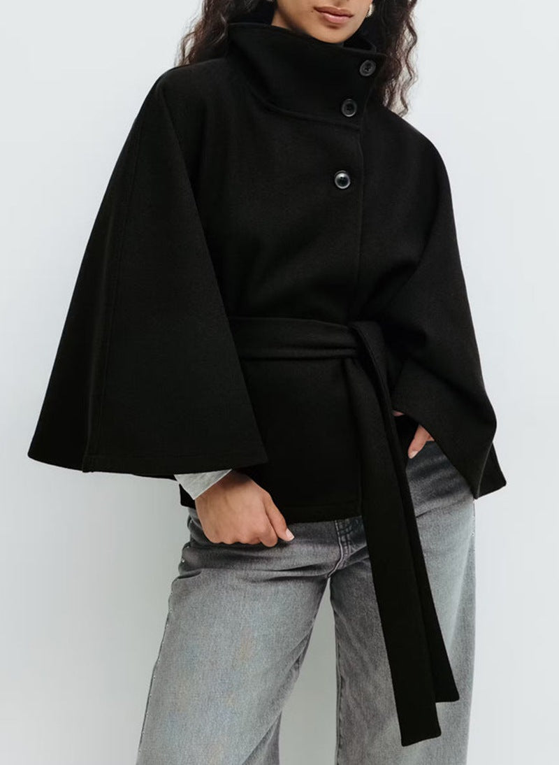 Batwing Sleeve High Neck Coat with Belt, Loose Winter Trench