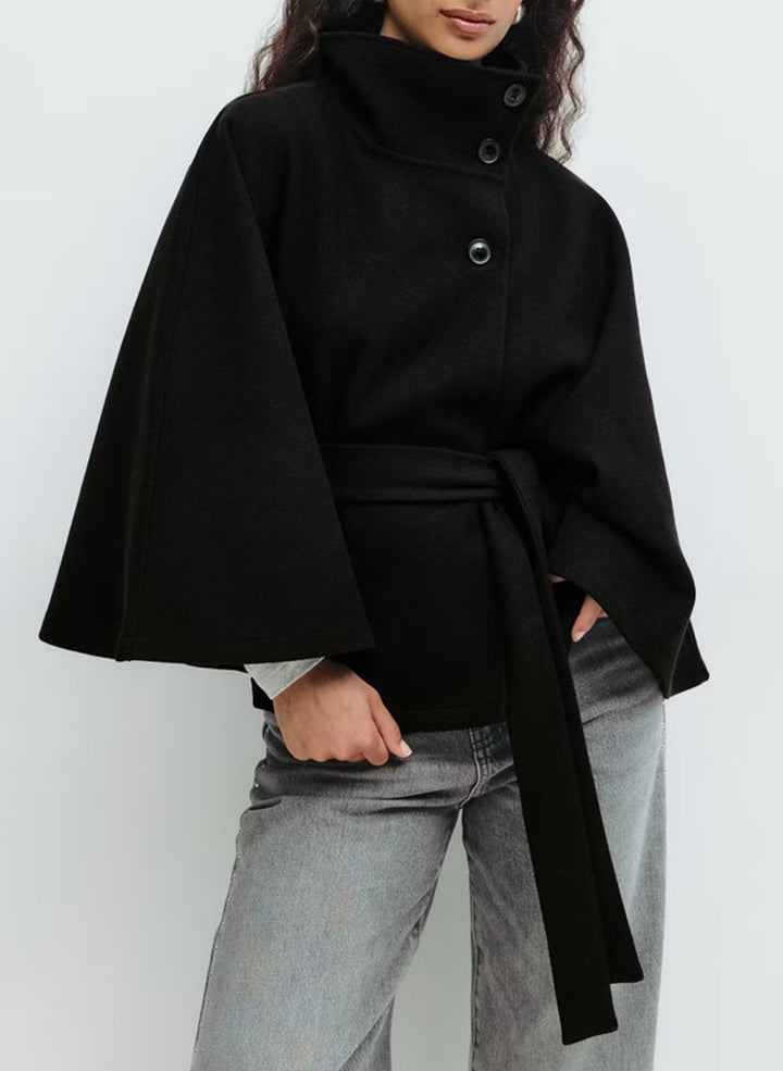 Batwing Sleeve High Neck Coat with Belt, Loose Winter Trench