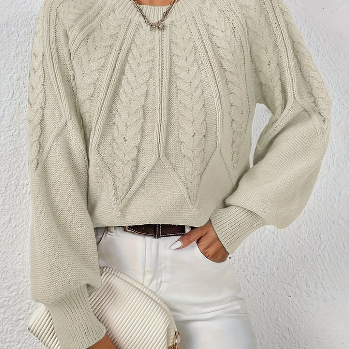 Women's Cable-Knit Pullover Sweater with Lantern Sleeves