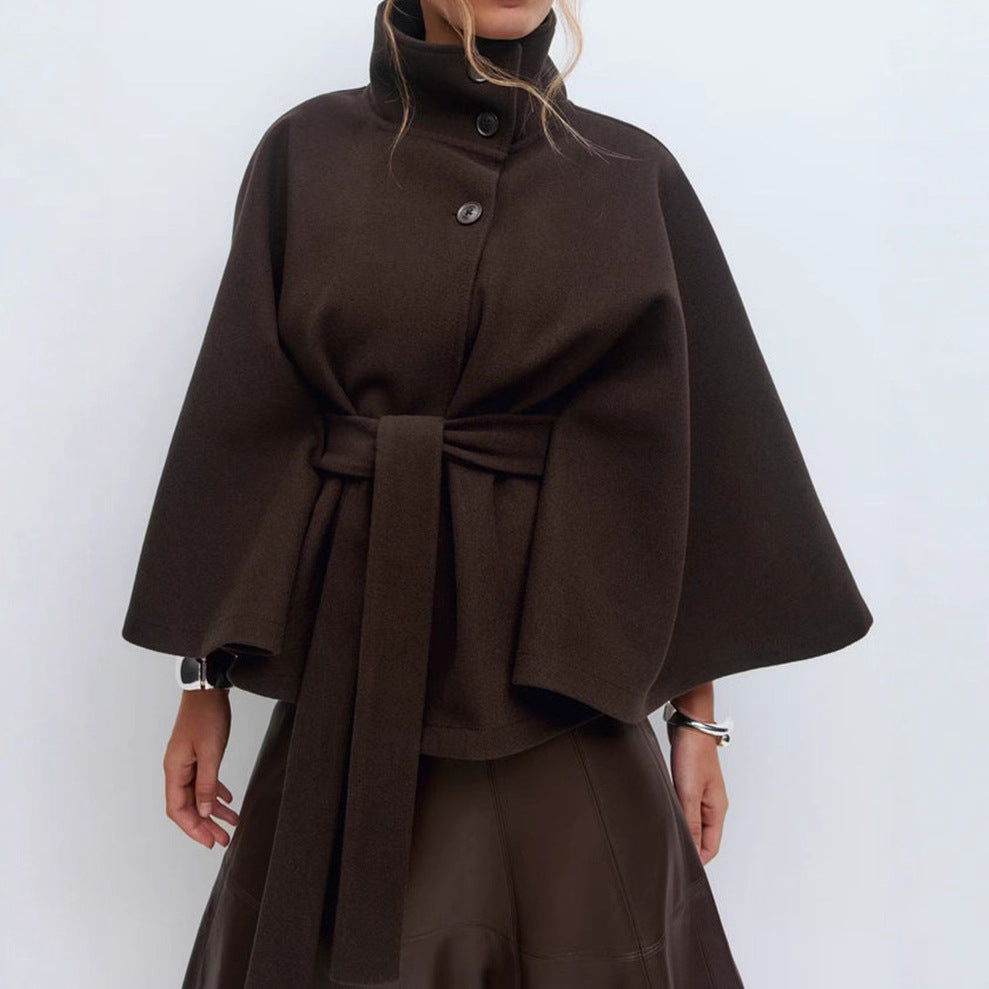 Batwing Sleeve High Neck Coat with Belt, Loose Winter Trench