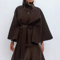 Batwing Sleeve High Neck Coat with Belt, Loose Winter Trench