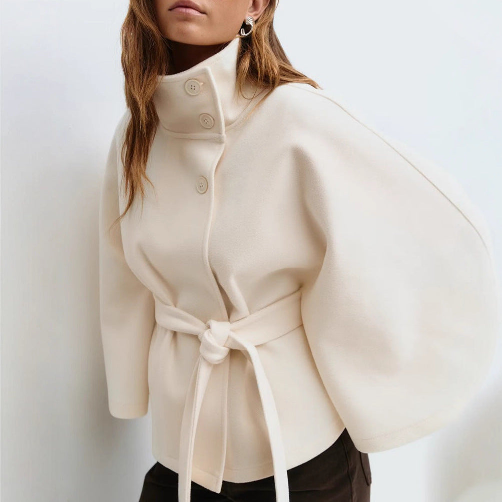 Batwing Sleeve High Neck Coat with Belt, Loose Winter Trench