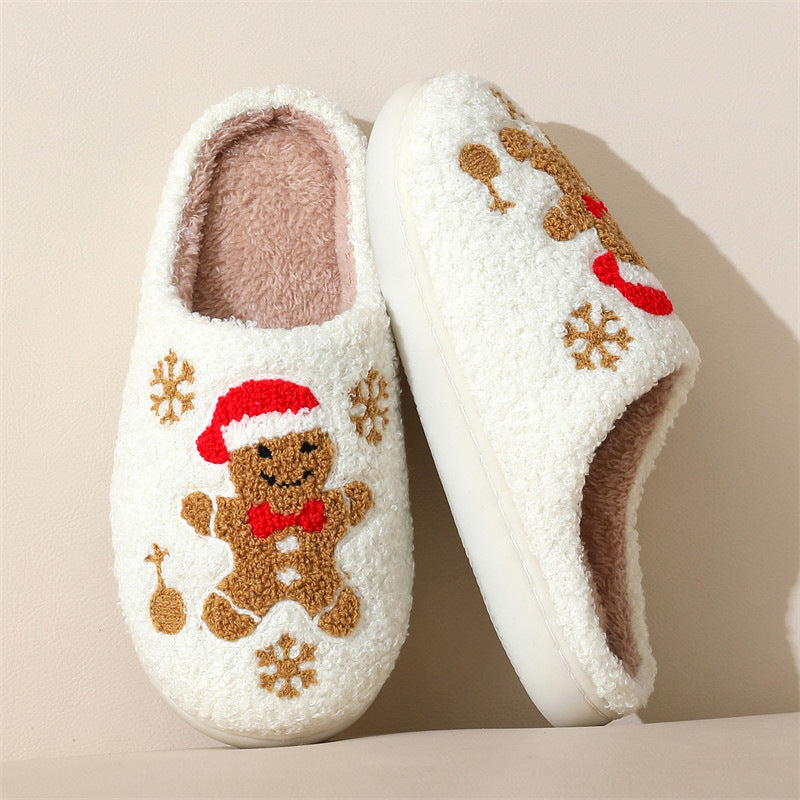 Gingerbread Man Christmas Slippers – Fuzzy, Non-Slip, Snowflakes