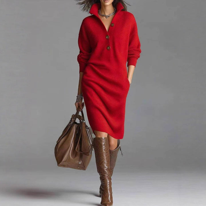 Stand Collar Sweater Dress for Women, V-Neck Button Pullover
