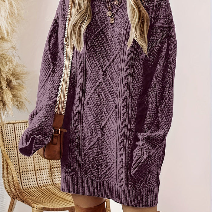 Women's Cable-Knit Sweater Dress Long Sleeve Round Neck