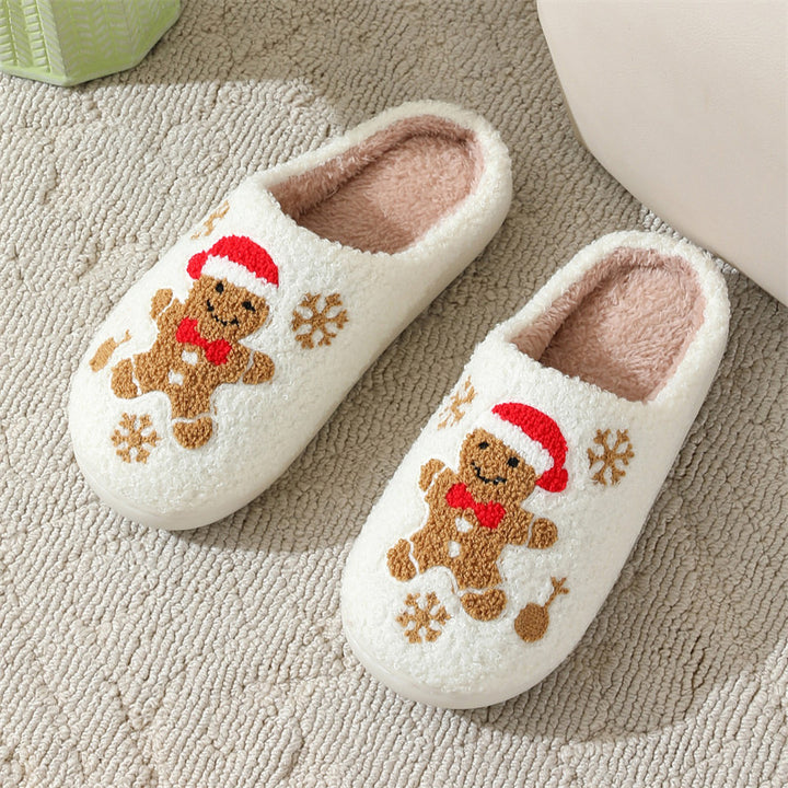 Gingerbread Man Christmas Slippers – Fuzzy, Non-Slip, Snowflakes