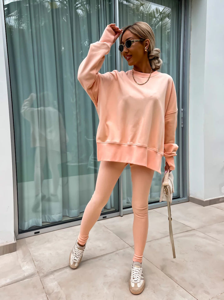 Casual Sweater Suit, Loose Crew Neck Split Top and Tight Pants