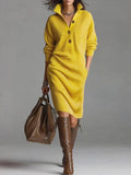 Stand Collar Sweater Dress for Women, V-Neck Button Pullover