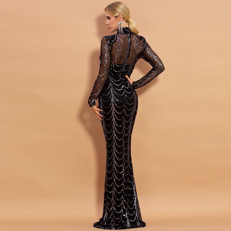 Sequin Maxi Dress for Women, Long Sleeve Party Dress
