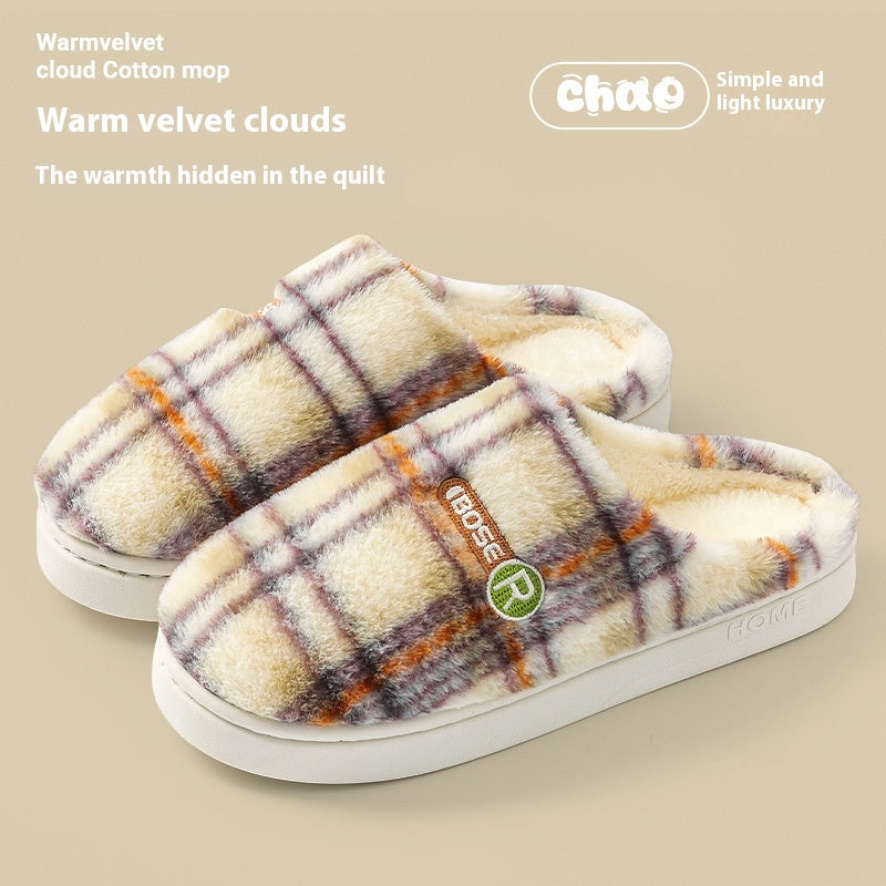 Plush Plaid Cotton House Slippers, Warm and Non-Slip