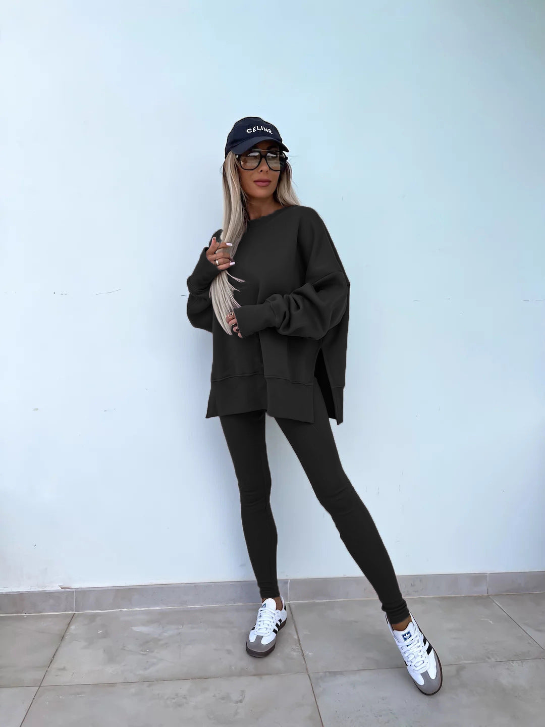 Casual Sweater Suit, Loose Crew Neck Split Top and Tight Pants