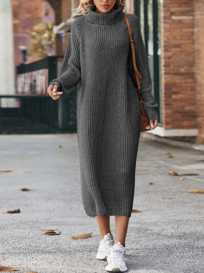 Woman in a long turtleneck sweater dress