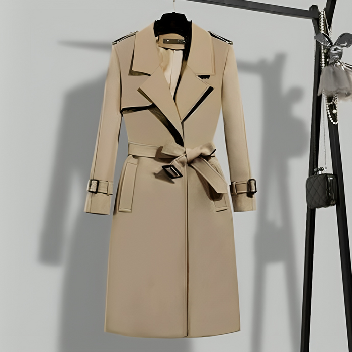 Women's Belted Trench Coat with Notched Lapel Collar