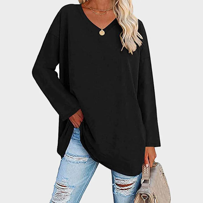 Women's V-Neck Tunic Top with Long Sleeves and Side Slits