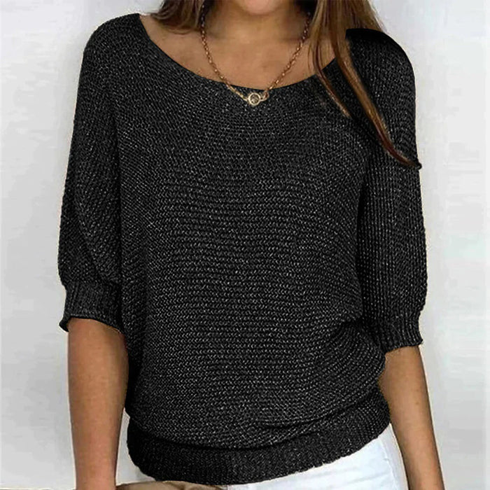Women's Oversized Crew Neck Sweater with Three-Quarter Sleeves