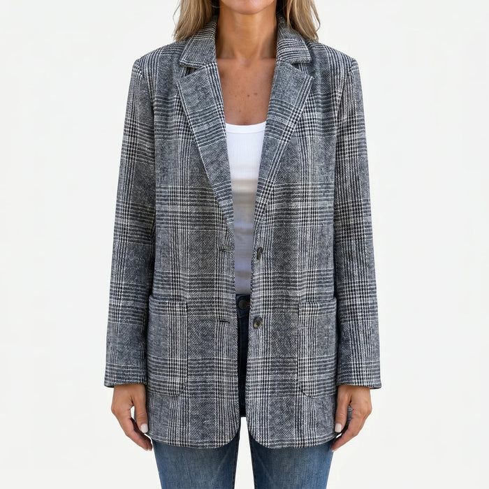 Women's Checked Blazer Notched Lapel Button Front