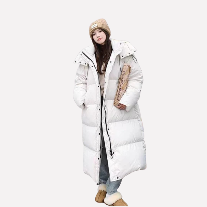 Women's Long Puffer Jacket with Hood Snap Closure