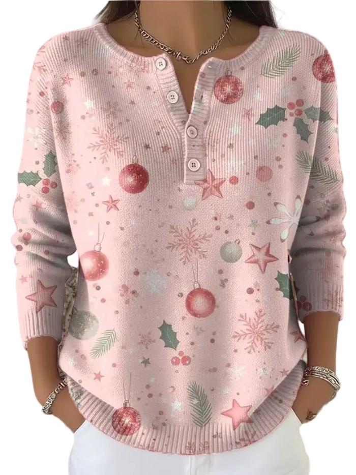 Women's Holiday Knit Top with Button Detail and Festive Print