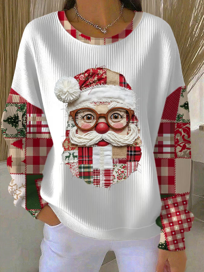 Women's Santa Face Patchwork Christmas Top with Pom-Pom