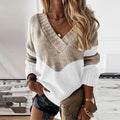 Women's Geometric Patchwork V-Neck Sweater Loose Fit