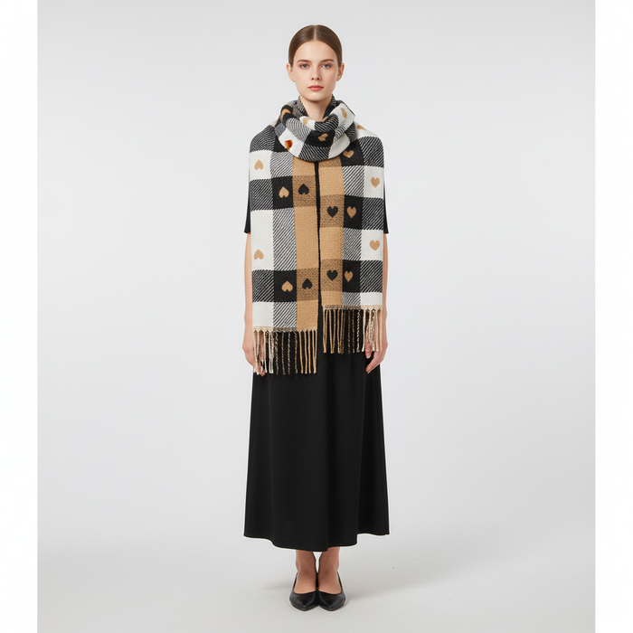 Women's Plaid Scarf with Heart Pattern and Fringe