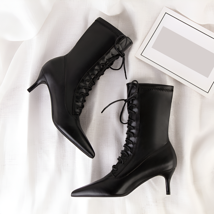 Women's Lace-Up Mid-Calf Boots Kitten Heel Pointed Toe