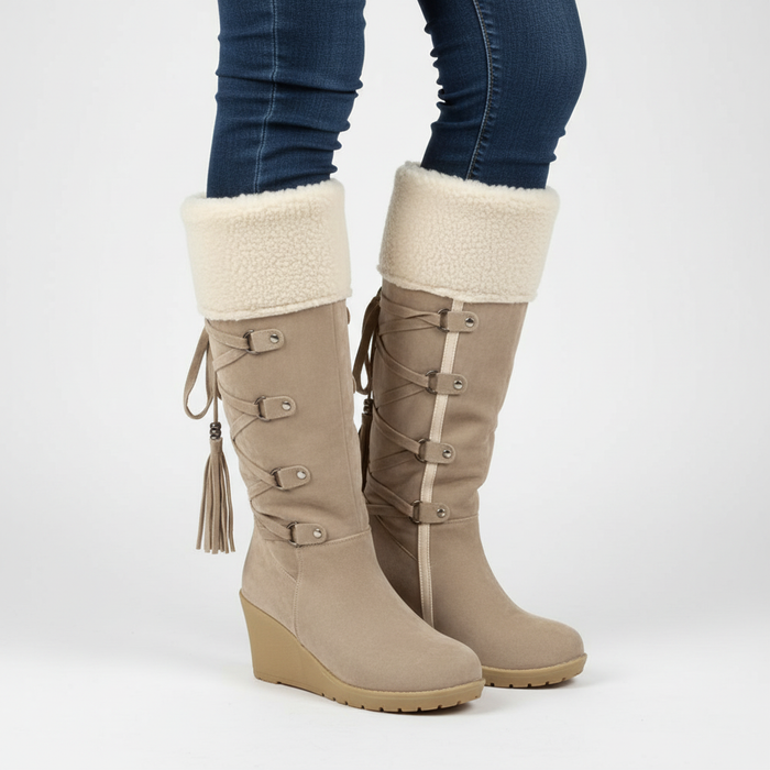 Women's Wedge Heel Knee-High Boots with Faux Fur Trim