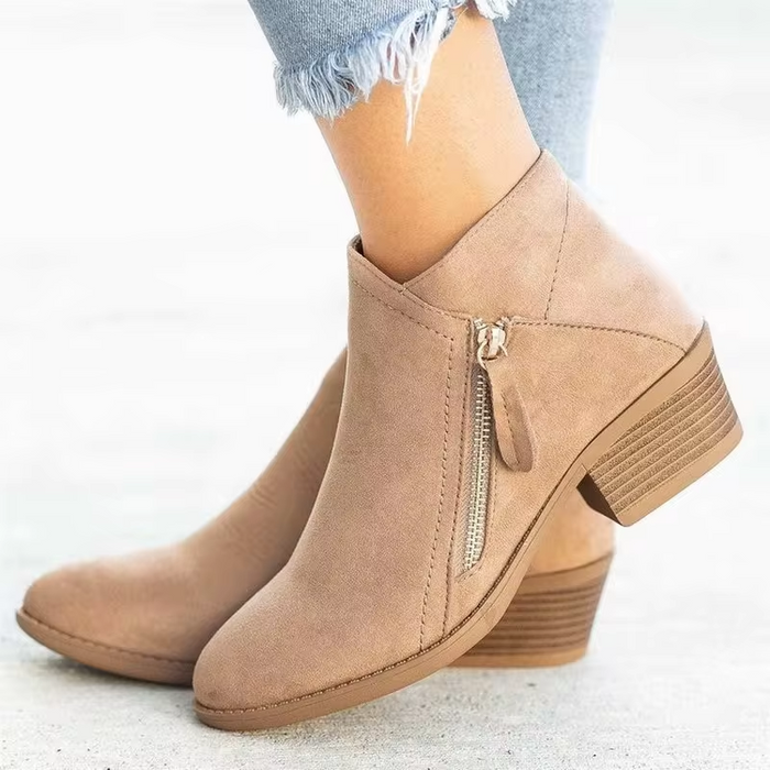 Women's Ankle Boots with Side Zipper and Block Heel
